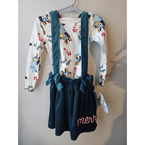 Bluey Toddler Girls Size 3T Green Velvet Christmas Dress "Merry" 2pc Jumper Set - Picture 1 of 4